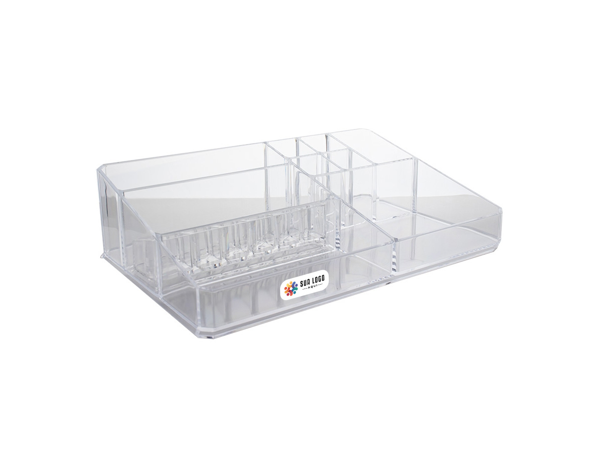 Conjunto de organizadores em acrílico transparente, sendo um modelo grande com 9 divisórias e um modelo pequeno com 12 divisórias. Ideais para organizar itens de forma prática e visualmente limpa.