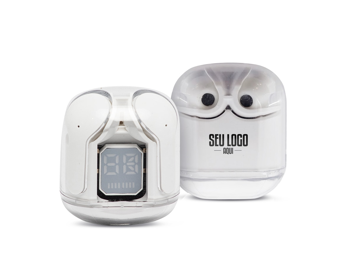 Fone de ouvido Bluetooth TWS com comando touch e case carregador à prova dágua. Possui display de bateria. Material plástico. Acompanha cabo USB Tipo-C.