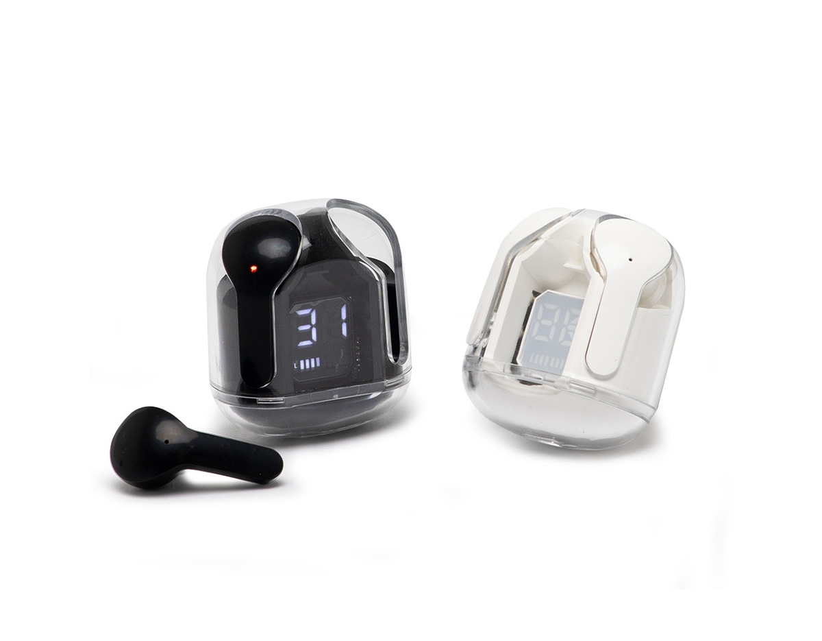 Fone de ouvido Bluetooth TWS com comando touch e case carregador à prova dágua. Possui display de bateria. Material plástico. Acompanha cabo USB Tipo-C.