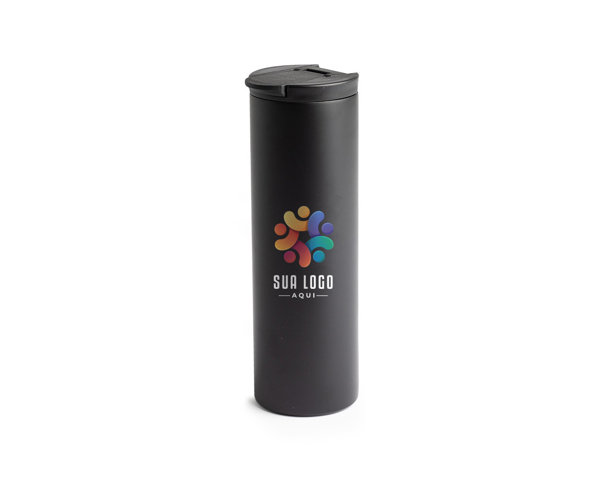 Copo térmico de inox com capacidade de 500ml. Possui base de EVA antiderrapante, tampa plástica com bocal e trava de segurança para evitar vazamentos.