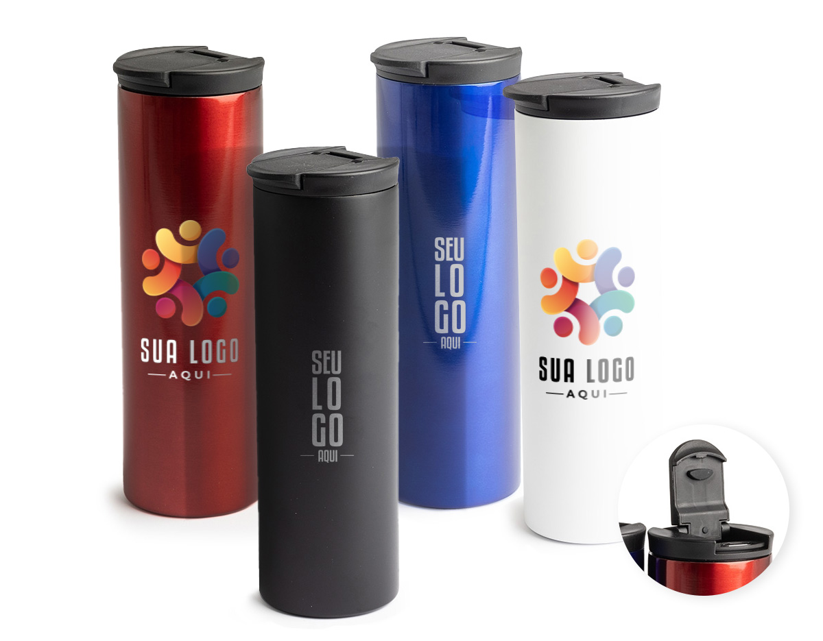 Copo térmico de inox com capacidade de 500ml. Possui base de EVA antiderrapante, tampa plástica com bocal e trava de segurança para evitar vazamentos.