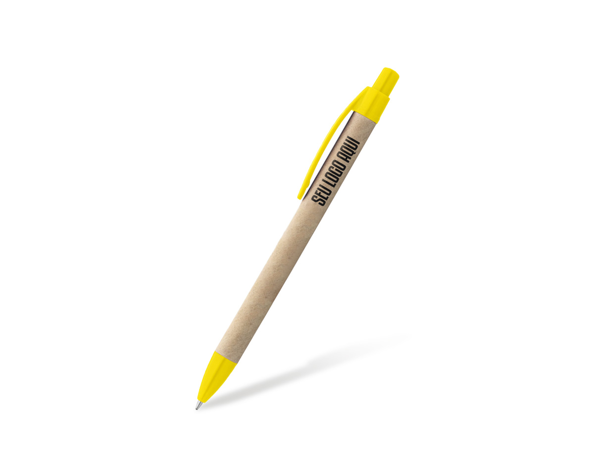 Caneta esferográfica com corpo em papel kraft, ideal para quem busca uma opção sustentável e prática. Possui clipe e ponteira de plástico resistente, proporcionando leveza e funcionalidade no uso diário. Perfeita para ações promocionais, brindes ou uso pessoal, unindo responsabilidade e estilo.