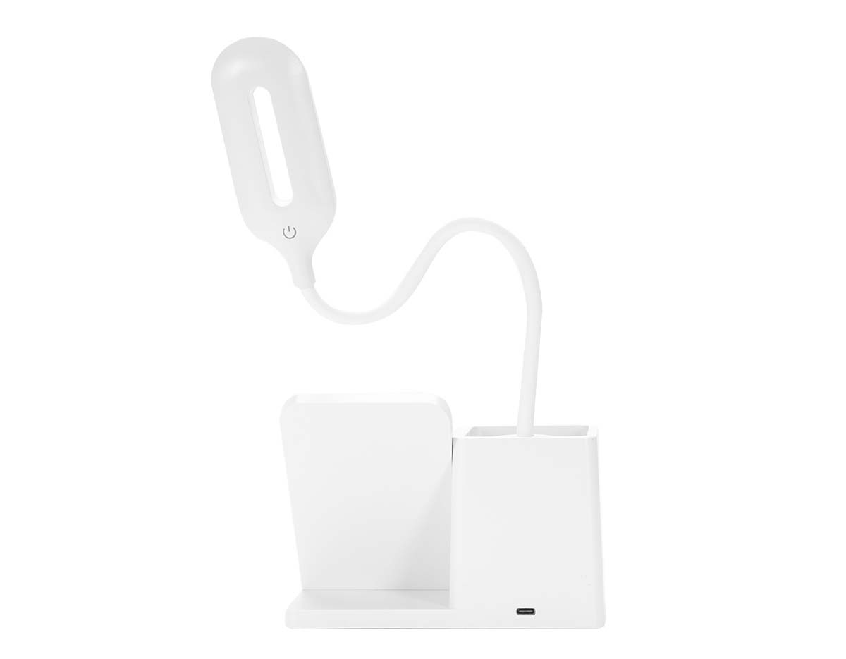 "Luminária LED com 3 modos de iluminação (quente, fria e mista), haste articulável e base antideslizante. Conta com carregamento por indução e porta-caneta para organização. Funciona conectada à energia e acompanha cabo USB Tipo-C. Não possui bateria interna."