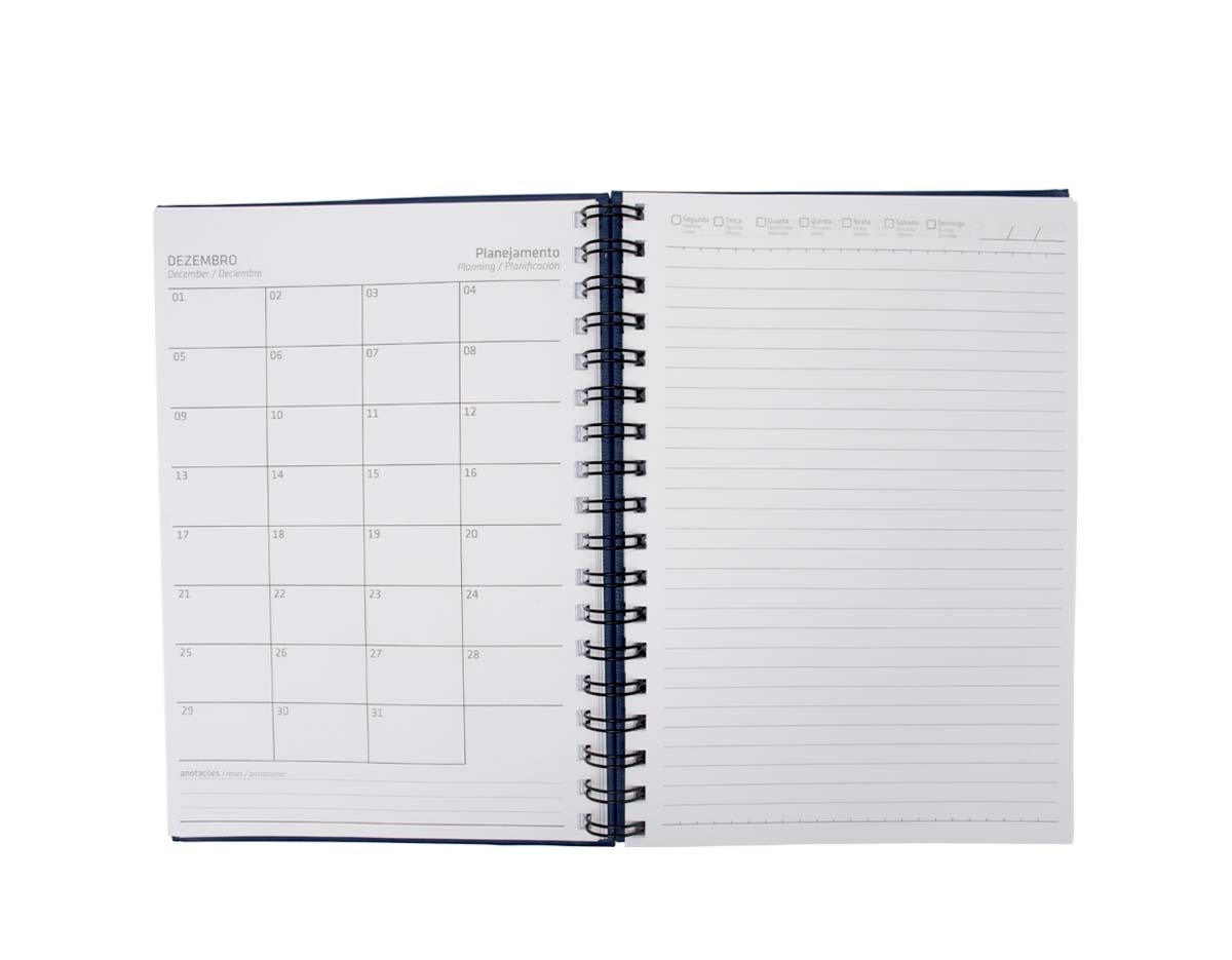 Caderno com capa em cromato e wire-o metálico. Possui aproximadamente 86 folhas pautadas e páginas para: dados pessoais, calendários de 2023 à 2025, planejamentos e endereços de contatos.