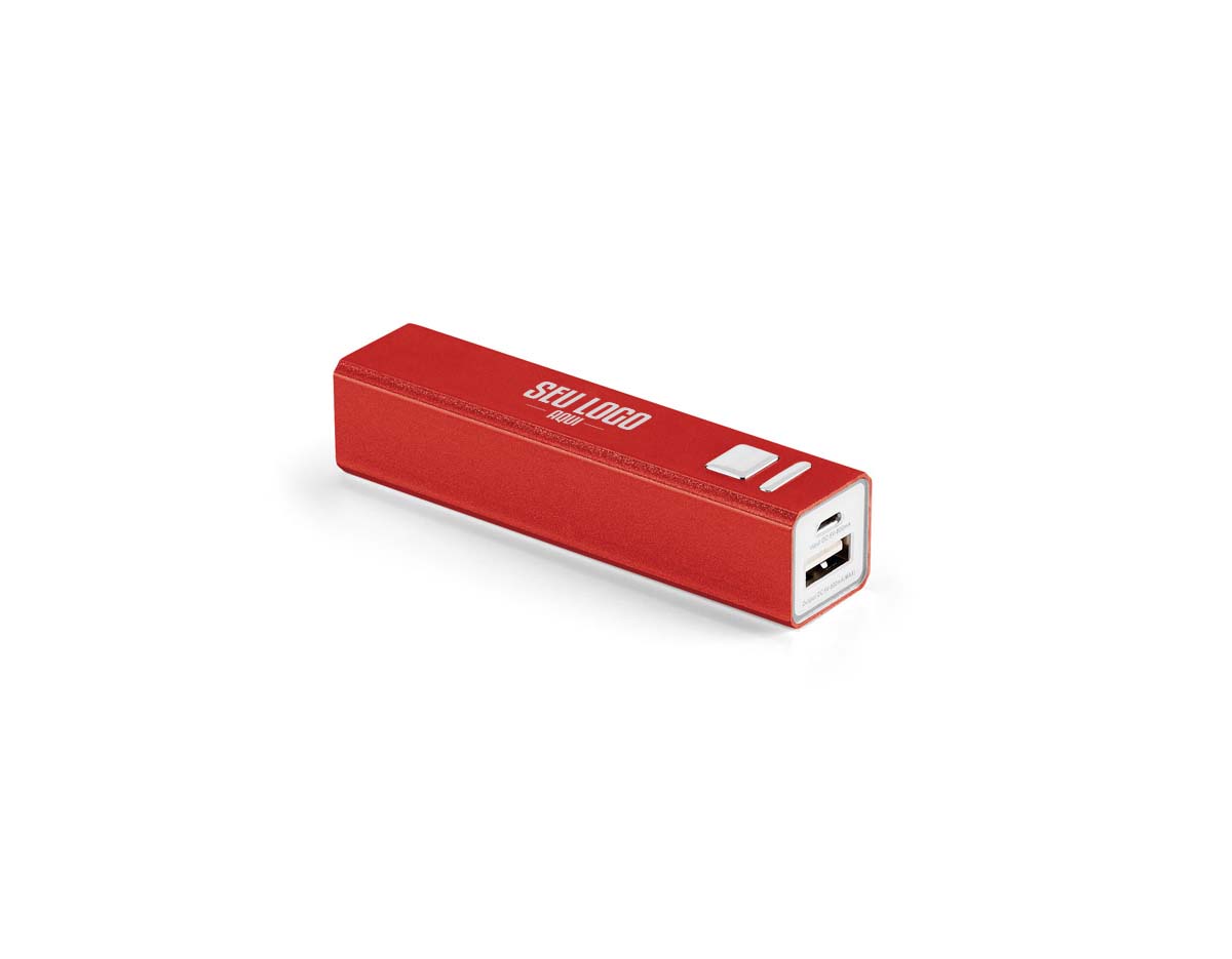 Bateria portátil em alumínio. Bateria de lítio com capacidade de 2.200 mAh, tempo de vida = 500 ciclos, uma porta de entrada microUSB e uma porta de saída USB-A