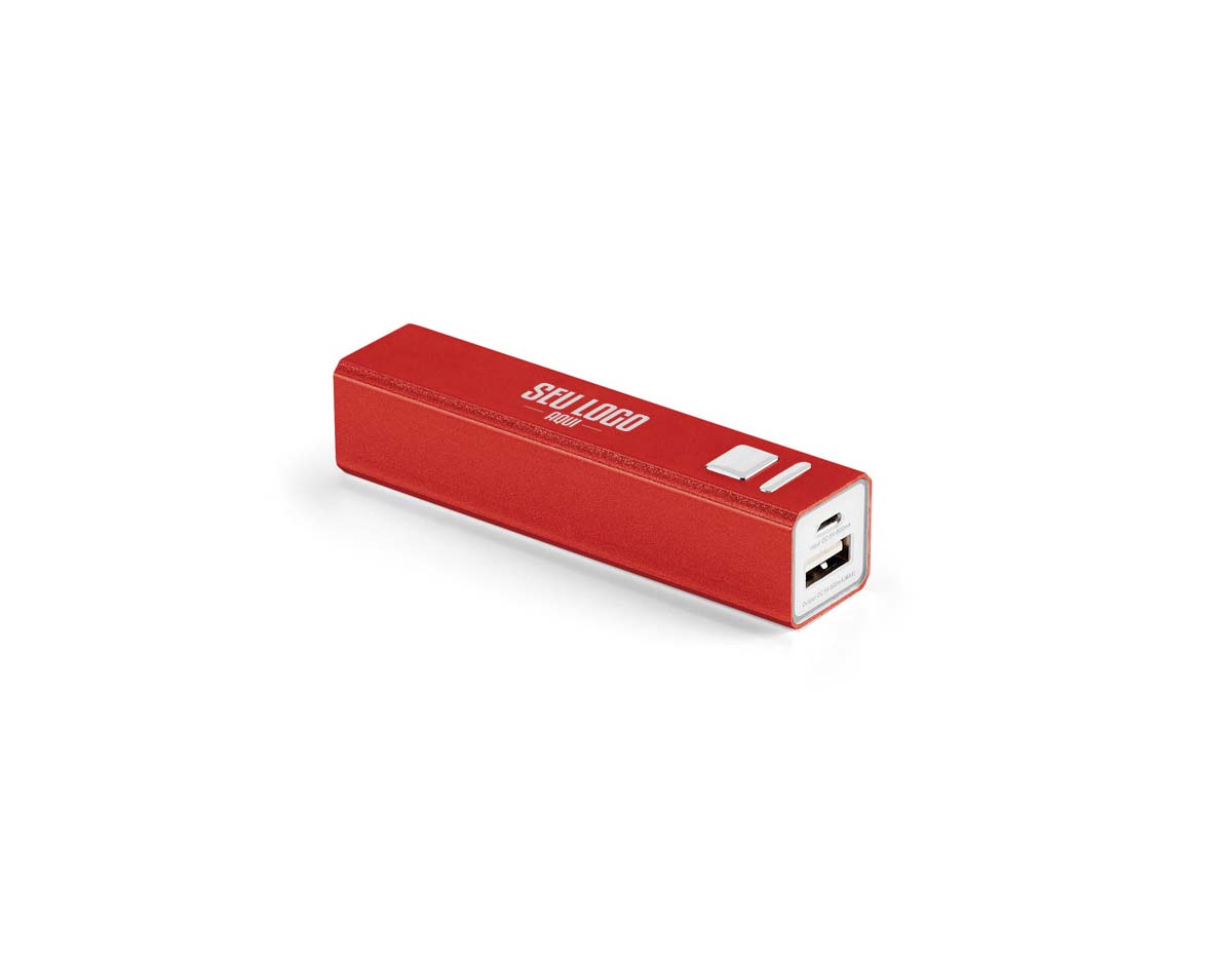 Bateria portátil em alumínio. Bateria de lítio com capacidade de 2.200 mAh, tempo de vida = 500 ciclos, uma porta de entrada microUSB e uma porta de saída USB-A