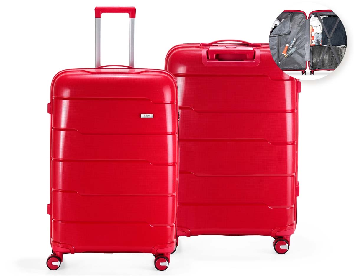 Mala de viagem rígida com capacidade de 95 litros, feita em plástico resistente. Conta com cadeado numérico TSA, compartimentos internos com bolso telado e cinta compressora. Possui duas alças de mão, puxador retrátil ajustável, quatro rodas 360° e apoios laterais. Acompanha placa para personalização.