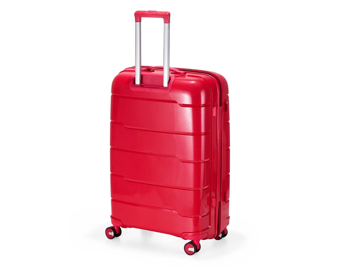 Mala de viagem rígida com capacidade de 95 litros, feita em plástico resistente. Conta com cadeado numérico TSA, compartimentos internos com bolso telado e cinta compressora. Possui duas alças de mão, puxador retrátil ajustável, quatro rodas 360° e apoios laterais. Acompanha placa para personalização.