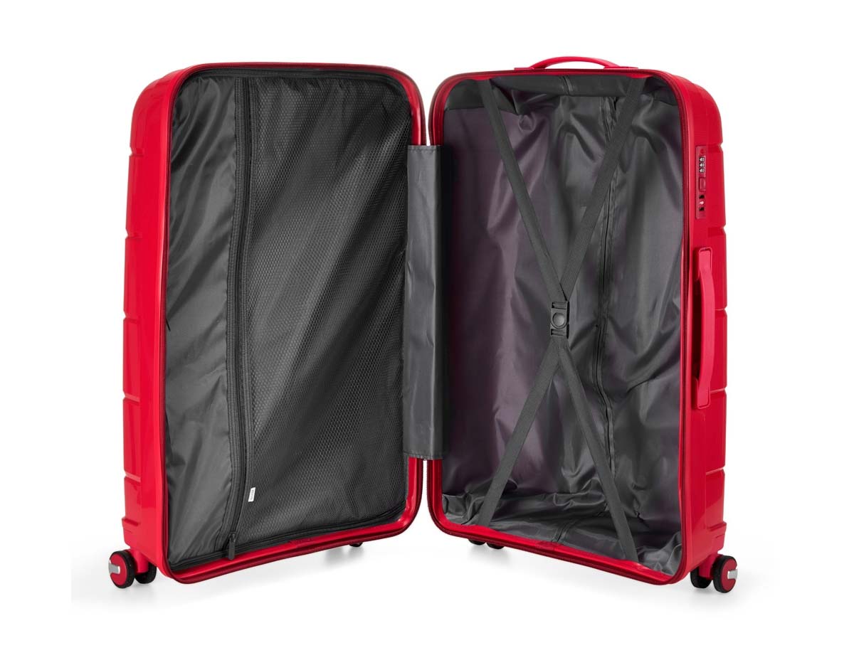Mala de viagem rígida com capacidade de 95 litros, feita em plástico resistente. Conta com cadeado numérico TSA, compartimentos internos com bolso telado e cinta compressora. Possui duas alças de mão, puxador retrátil ajustável, quatro rodas 360° e apoios laterais. Acompanha placa para personalização.