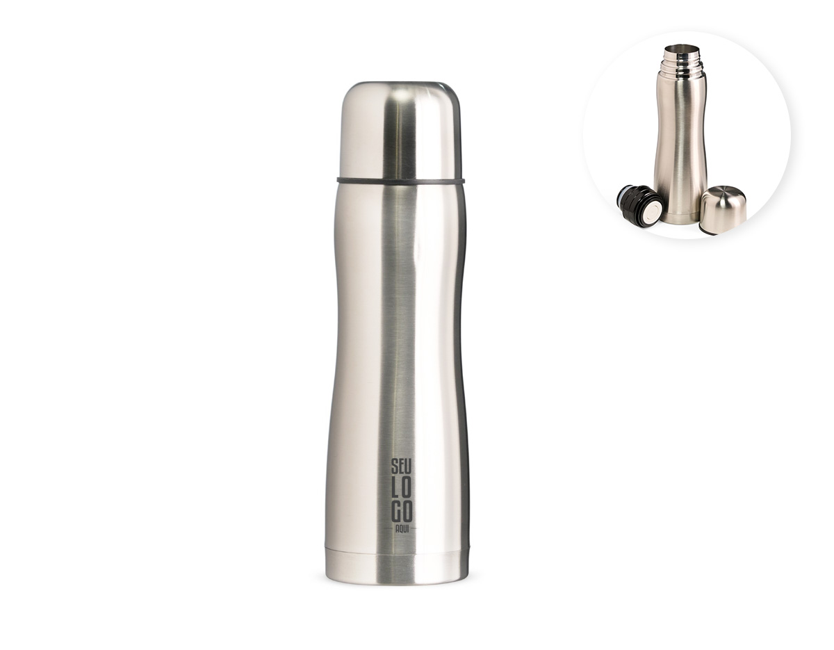 Garrafa Térmica feita em inox com capacidade de 500ml. Contém tampa utilizável como copo e botão interno de acionamento para abrir e fechar o bocal