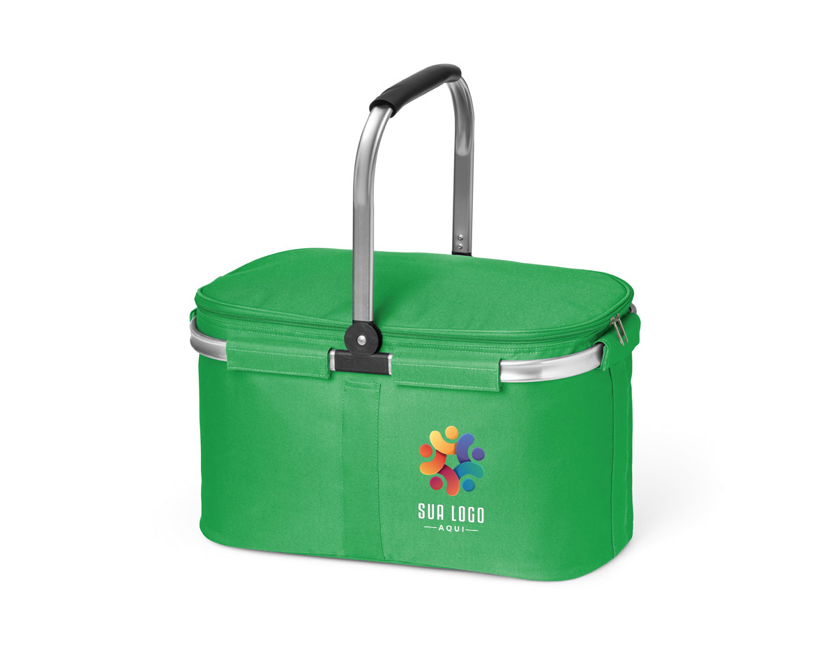 Sacola térmica flexível em 600D com zíper duplo e interior forrado. Estrutura removível em alumínio, com pega ergonômica em EVA.