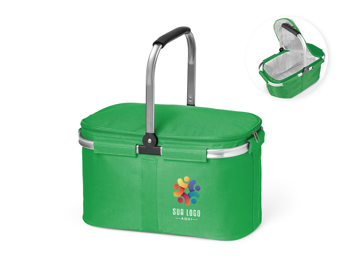 Sacola térmica flexível em 600D com zíper duplo e interior forrado. Estrutura removível em alumínio, com pega ergonômica em EVA.