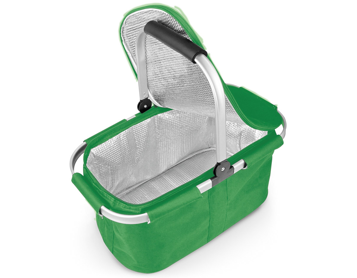 Sacola térmica flexível em 600D com zíper duplo e interior forrado. Estrutura removível em alumínio, com pega ergonômica em EVA.