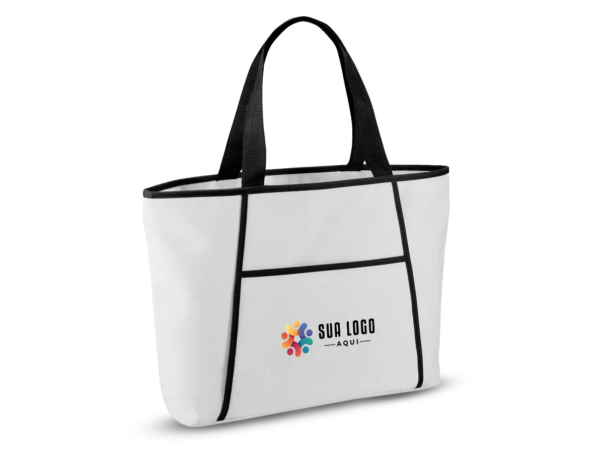 Sacola térmica em 600D com zíper e compartimento exterior aberto que contém um bolso frontal. Ideal para levar para a praia. Alças em webbing com 55 cm e capacidade até 9 L.