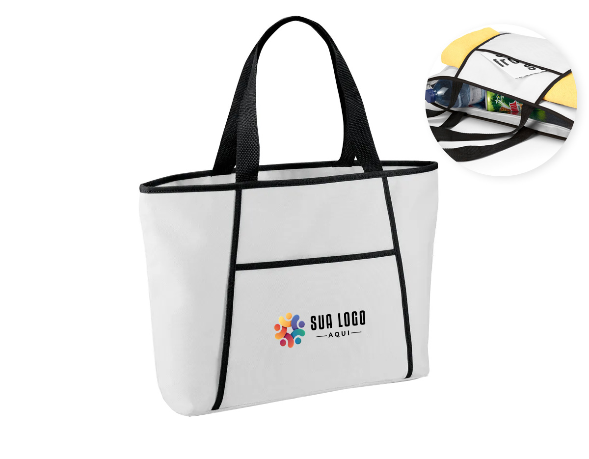 Sacola térmica em 600D com zíper e compartimento exterior aberto que contém um bolso frontal. Ideal para levar para a praia. Alças em webbing com 55 cm e capacidade até 9 L.