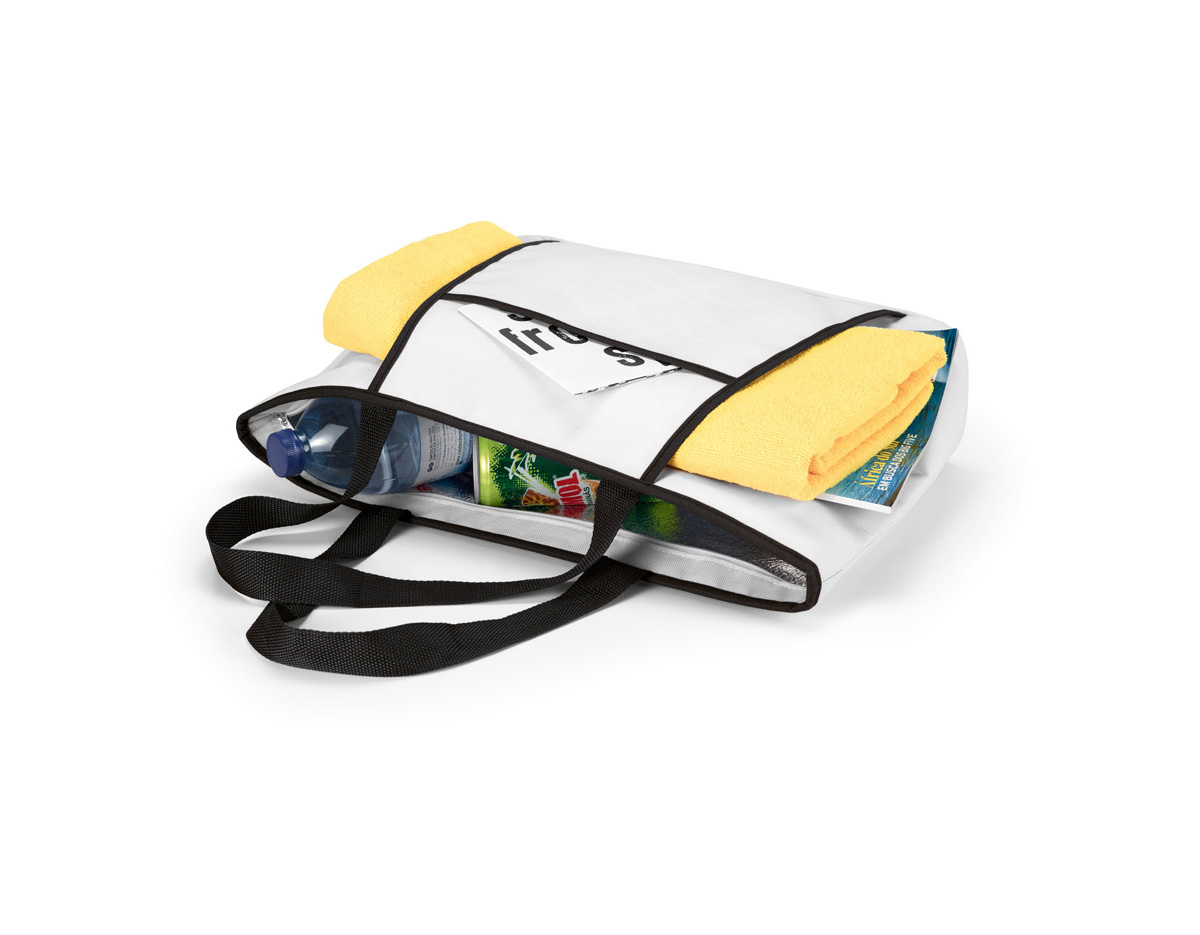 Sacola térmica em 600D com zíper e compartimento exterior aberto que contém um bolso frontal. Ideal para levar para a praia. Alças em webbing com 55 cm e capacidade até 9 L.