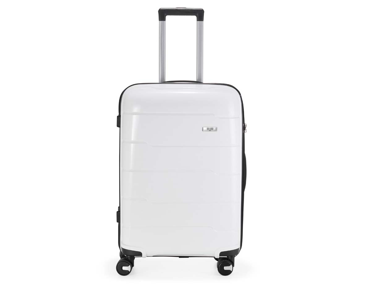 Mala de viagem 64 litros em plástico (casca dura), contém cadeado numérico TSA. Compartimentos com bolso telado e cinta compressora para roupas. A mala possui duas alças de mão, puxador retrátil com regulagem de tamanho, quatro rodinhas 360º e apoios laterais. Acompanha placa para personalização.