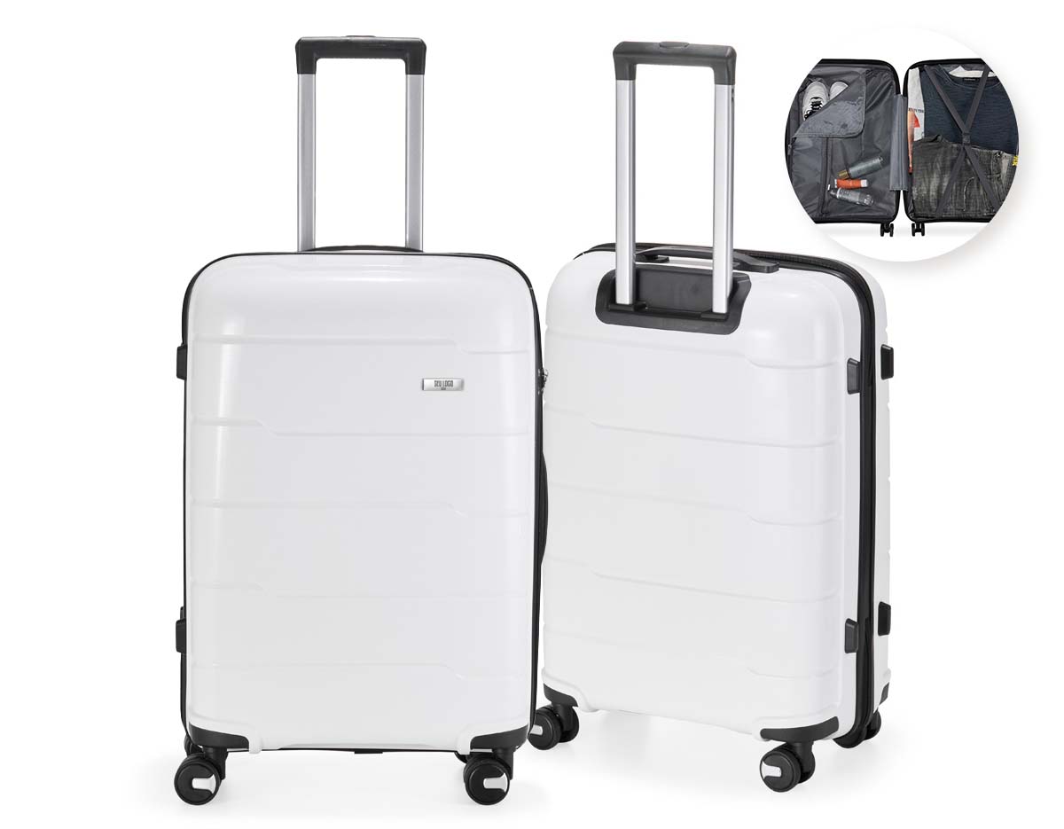 Mala de viagem 64 litros em plástico (casca dura), contém cadeado numérico TSA. Compartimentos com bolso telado e cinta compressora para roupas. A mala possui duas alças de mão, puxador retrátil com regulagem de tamanho, quatro rodinhas 360º e apoios laterais. Acompanha placa para personalização.