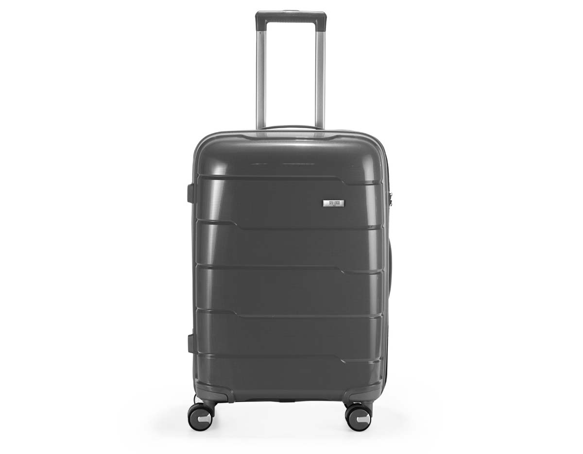 Mala de viagem 64 litros em plástico (casca dura), contém cadeado numérico TSA. Compartimentos com bolso telado e cinta compressora para roupas. A mala possui duas alças de mão, puxador retrátil com regulagem de tamanho, quatro rodinhas 360º e apoios laterais. Acompanha placa para personalização.