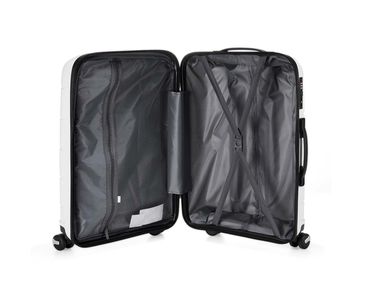 Mala de viagem 64 litros em plástico (casca dura), contém cadeado numérico TSA. Compartimentos com bolso telado e cinta compressora para roupas. A mala possui duas alças de mão, puxador retrátil com regulagem de tamanho, quatro rodinhas 360º e apoios laterais. Acompanha placa para personalização.