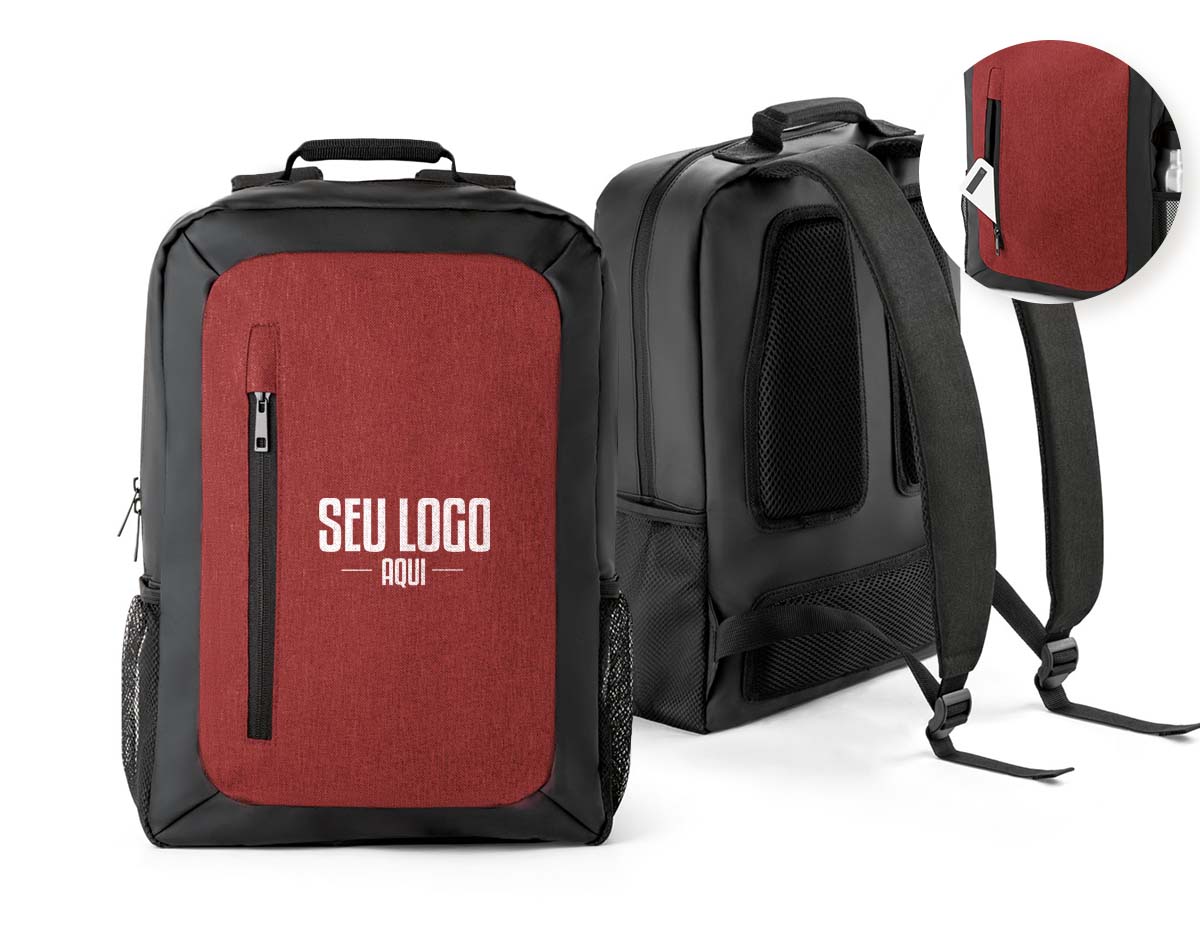 Mochila para notebook em 600D de alta densidade e 600D com revestimento resistente à água. Compartimento principal almofadado com divisória para notebook até 15.6''. Bolso frontal com zíper e dois bolsos laterais em tela mesh. Parte posterior almofadada, com sistema de apoio acolchoado para as costas e alças almofadadas.