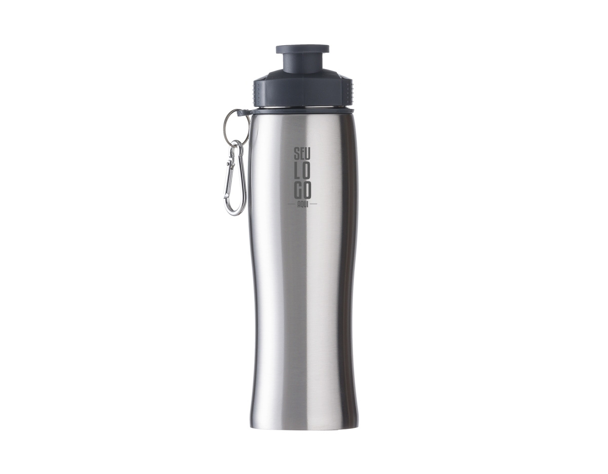 Squeeze inox 750ml com tampa plástica rosqueável e abertura superior, acompanha mosquetão. Tem a parte inferior emborrachada.