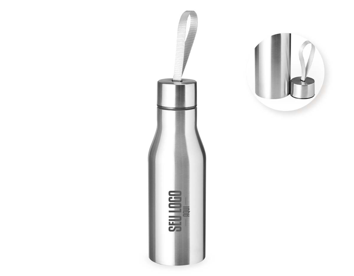Garrafa de inox com capacidade de 500ml, equipada com tampa rosqueável e alça de nylon embutida na tampa, facilitando o transporte. Resistente e funcional para uso diário.