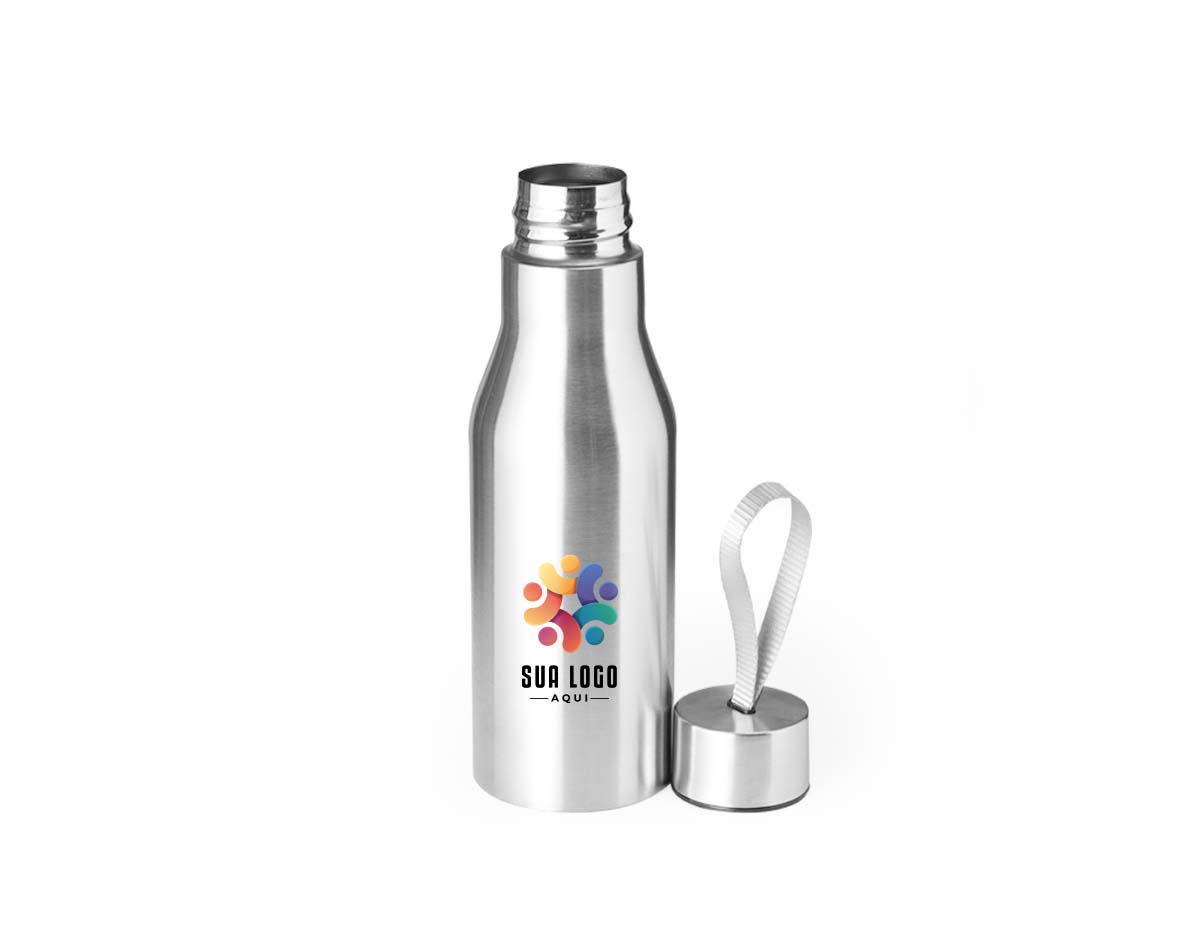 Garrafa de inox com capacidade de 500ml, equipada com tampa rosqueável e alça de nylon embutida na tampa, facilitando o transporte. Resistente e funcional para uso diário.