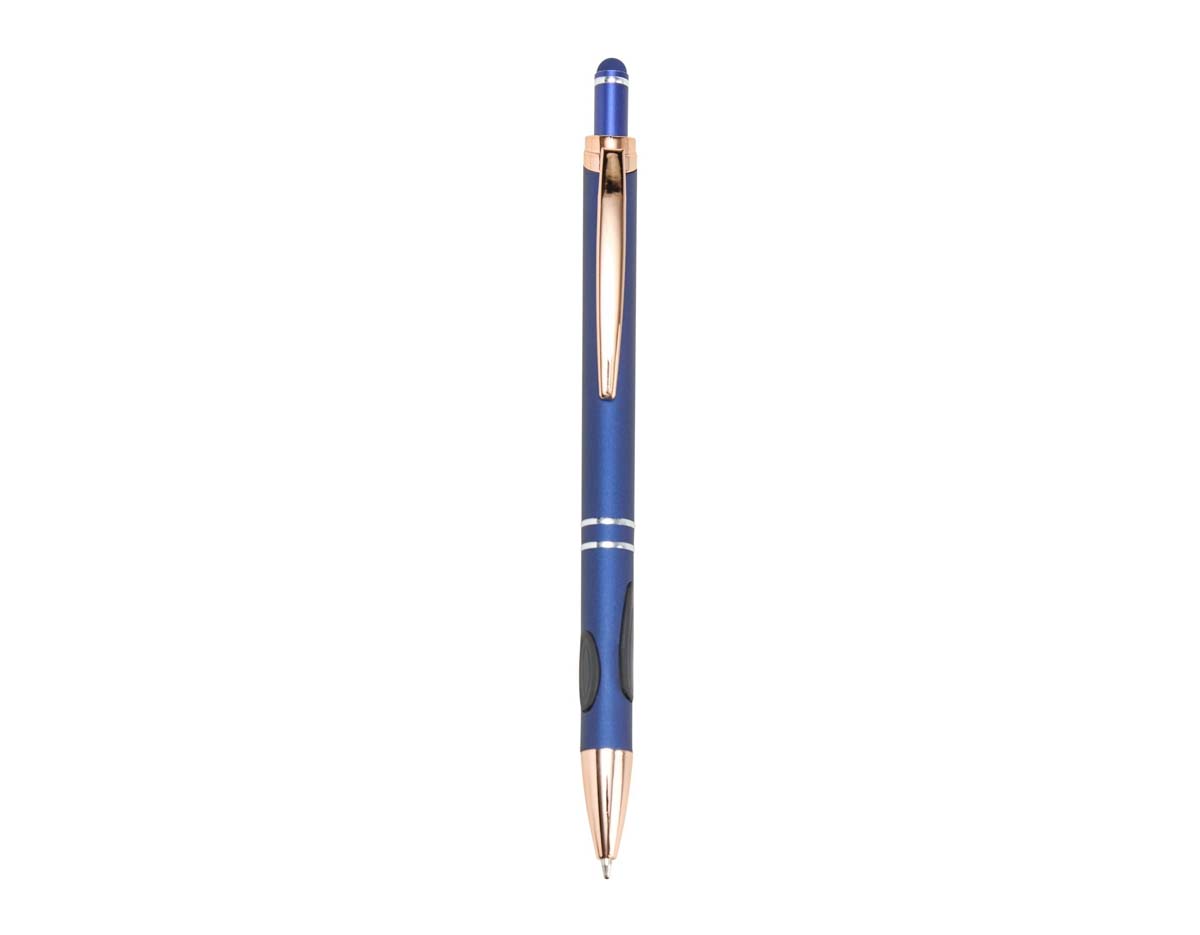 A elegância e o conforto combinados em uma única caneta esferográfica para garantir uma escrita mais agradável através da sua construção metálica e seu par de grips em borracha, além de ponta e clipe em plástico. Sua carga azul de 1.0 mm possui acionamento por clique com ponteira emborrachada que que permite seu uso como uma caneta touch para interação com smartphones, tablets e demais dispositivos de telas touchscreen.