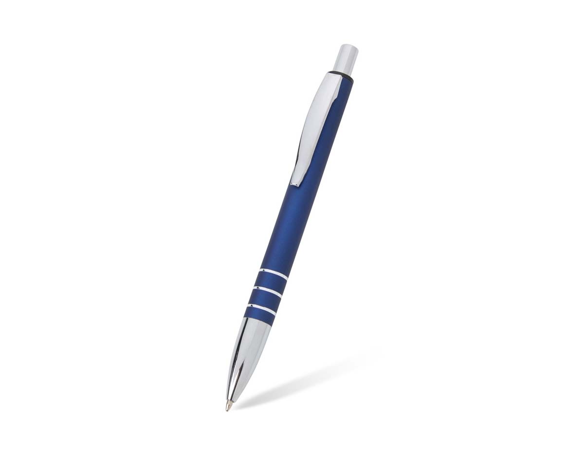 Caneta metálica com acabamento fosco, clipe metálico e ponteira plástica. Carga esferográfica azul 1.0mm e acionamento por clique.