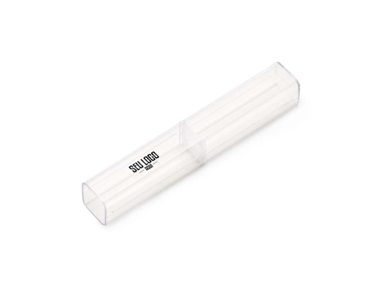 Tubo retangular em acrílico transparente, ideal para apresentação ou armazenamento de canetas. Possui anel central emborrachado que sustenta e encaixa firmemente a caneta, garantindo proteção e um visual elegante. Perfeito para brindes corporativos, kits personalizados ou exposição de produtos com estilo.