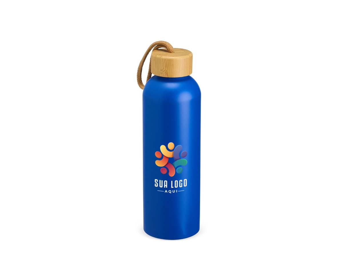 Garrafa de alumínio com capacidade de até 800ml. Feita com material de alta resistência, é uma opção prática para o dia a dia. Além disso, possui tampa rosqueável de bambu com uma alça de corda do mesmo material para facilitar o transporte.