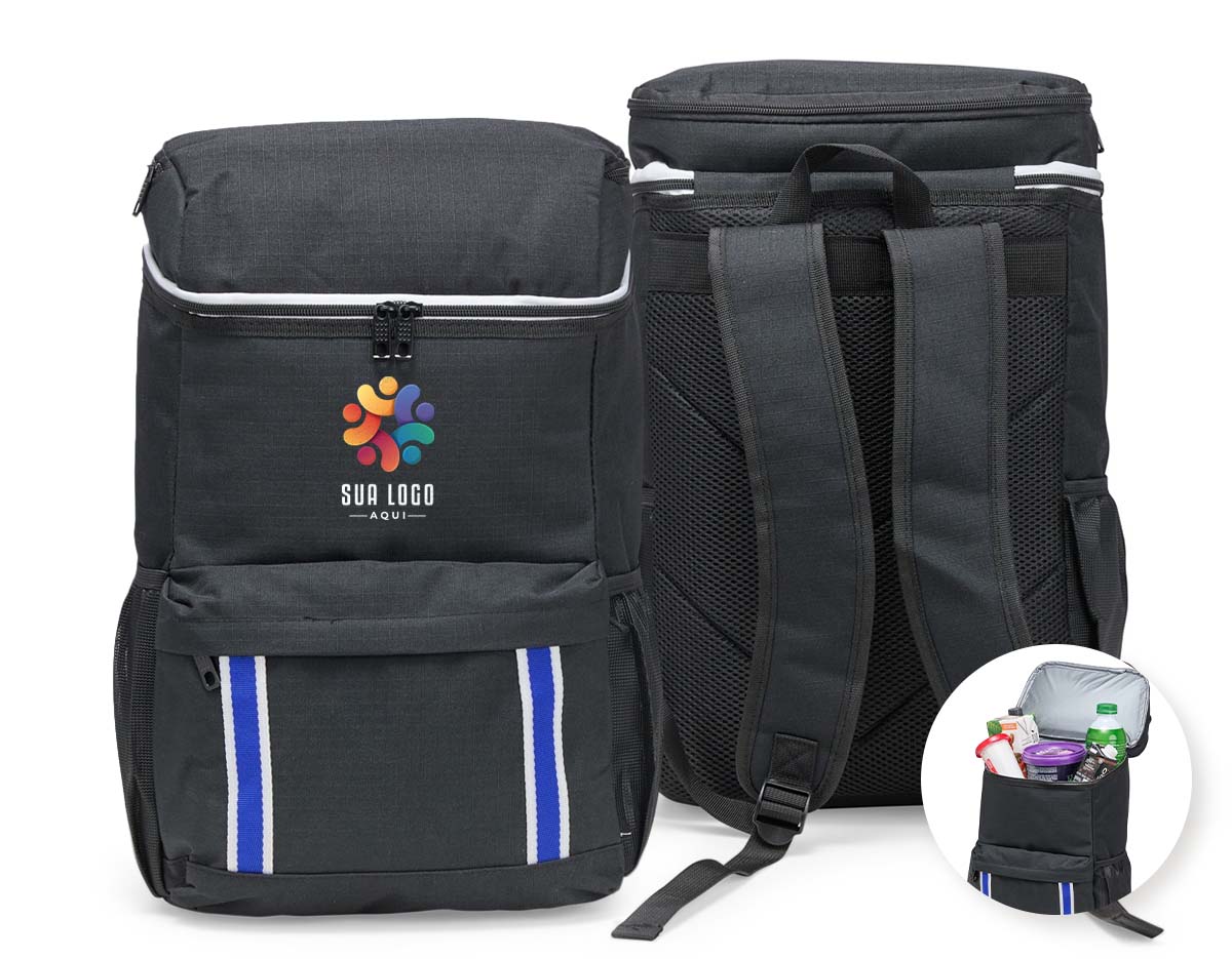 Mochila térmica com capacidade de 18?L, ideal para manter alimentos e bebidas frescos por mais tempo. Feita em poliéster impermeável e revestimento interno em PEVA atóxico, possui bolso superior de 1,5?L também térmico, bolso frontal para utensílios e dois bolsos laterais em tela.