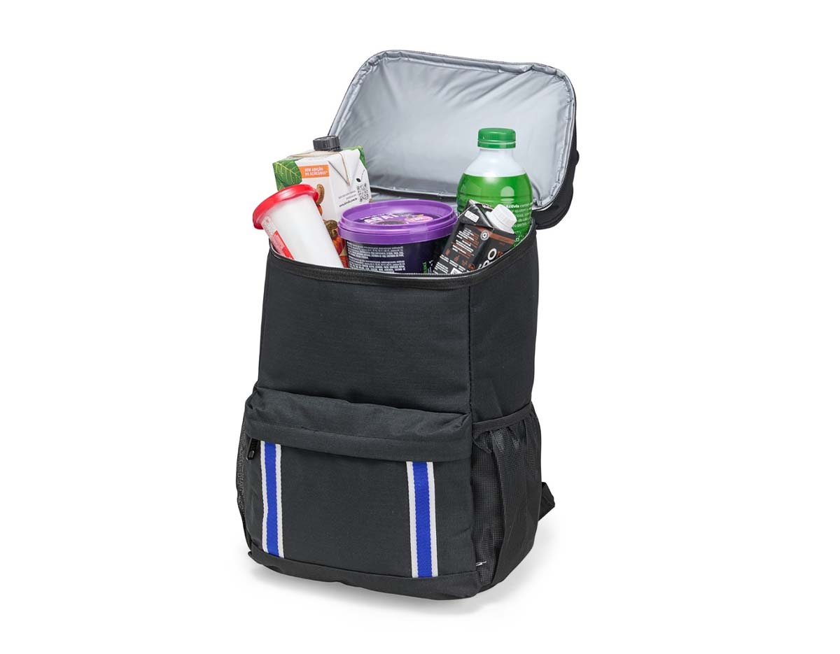 Mochila térmica com capacidade de 18?L, ideal para manter alimentos e bebidas frescos por mais tempo. Feita em poliéster impermeável e revestimento interno em PEVA atóxico, possui bolso superior de 1,5?L também térmico, bolso frontal para utensílios e dois bolsos laterais em tela.