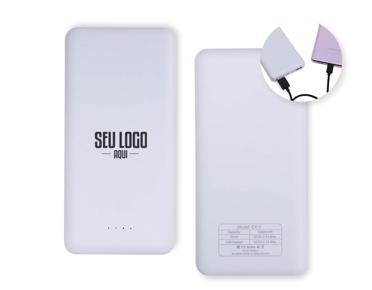 Não fique sem bateria nos momentos mais importantes do dia com o power bank de 10.000 mAh. Recarregue smartphones com toda a praticidade e rapidez utilizando uma de suas quatro entradas disponíveis: 2 portas USB, 1 porta Micro USB e outra USB-C. Com quatro luzes de LED para indicar a funcionalidade do carregador além de um botão lateral para fazer a ligação do dispositivo e iniciar a recarga. Sua entrada micro-USB 5V=2.1A e saída USB 5V=2.1A permitem aproveitamento de alto desempenho para um dia a dia tranquilo e livre de preocupações com a bateria do smartphone acabar na hora mais crucial. Não acompanha cabo USB.