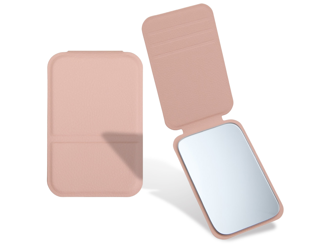 Leve este mini espelho para todo lugar. Com capa em couro sintético flexível com leves ranhuras para ajustar em até três posições diferentes, tornando-o um item prático e compacto, totalmente sob medida para carregar na mala, bolsa ou mochila e ajudar na aplicação de maquiagem.