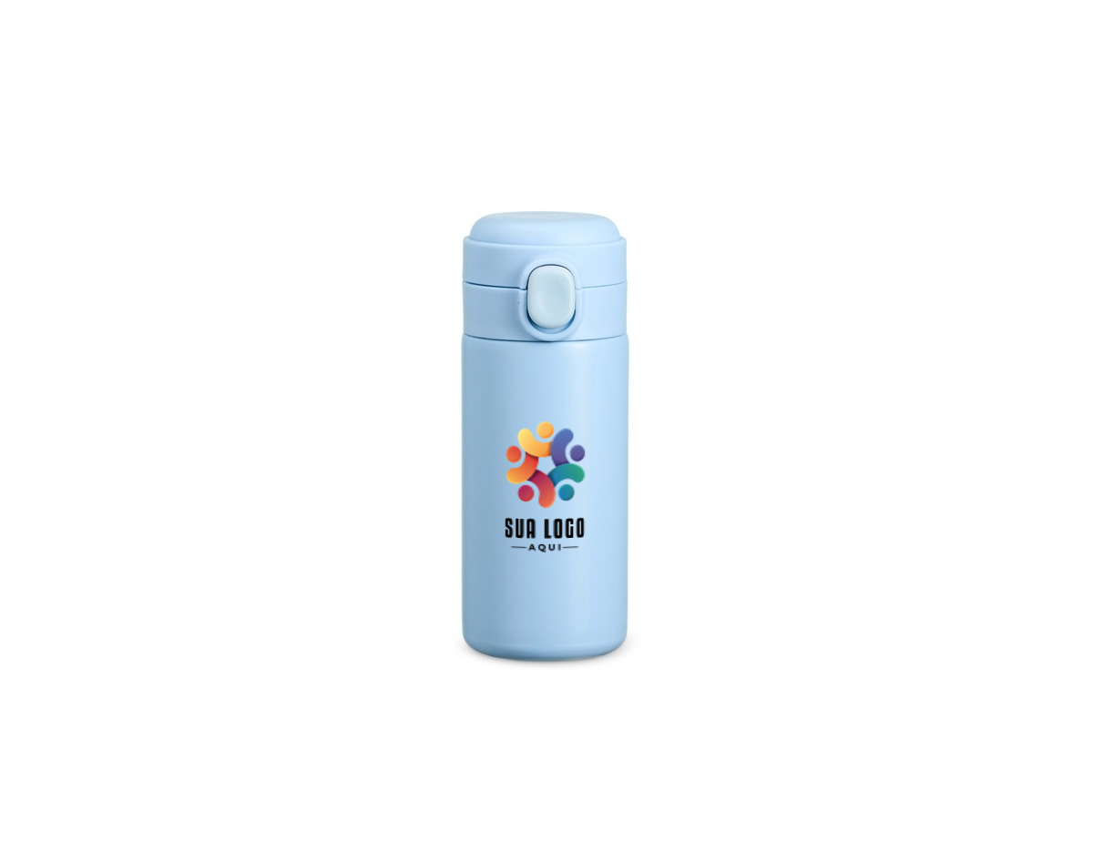 Garrafa térmica em inox 304 com parede dupla, capacidade de 320ml. Tampa com botão central para abertura e borracha interna para vedação.