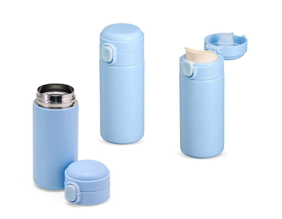 Garrafa térmica em inox 304 com parede dupla, capacidade de 320ml. Tampa com botão central para abertura e borracha interna para vedação.