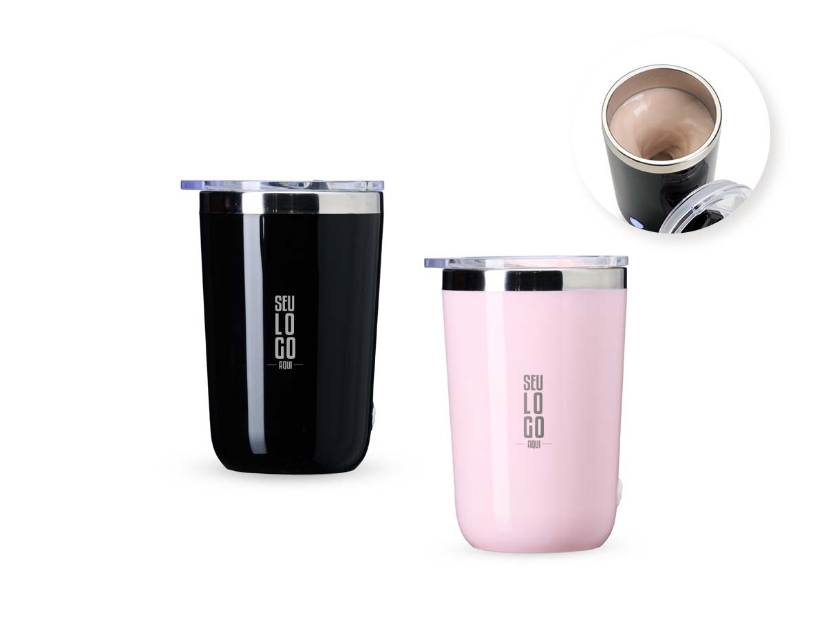 Copo plástico com misturador magnético de 300ml, ideal para misturar líquidos e pós como café, chá e proteínas. Possui motor de alta velocidade acionado por um clique, corpo em aço inox SUS 304, tampa acrílica com bocal e trava, além de recarga via USB.  Obs. Lavar o produto com cuidado para que a água não entre em contato com o circuito elétrico e não o danifique.