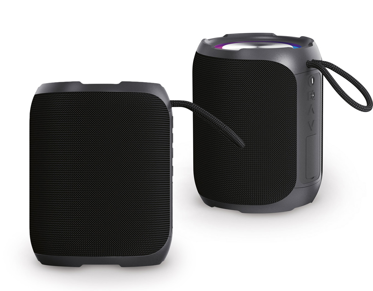 Caixa de som em ABS 100% reciclado à prova de água com classificação IPX6. A capacidade da bateria é de 2.600 mAh, com autonomia , aproximadamente, de 6h. Com 30W (2 x 15W) de potência sonora, transmissão BT 5.3, leitor microSD e entrada de áudio AUX. Incluso cabo de carregamento USB-C e cabo Jack 3.5 mm. Possibilidade de emparelhar duas caixas de som