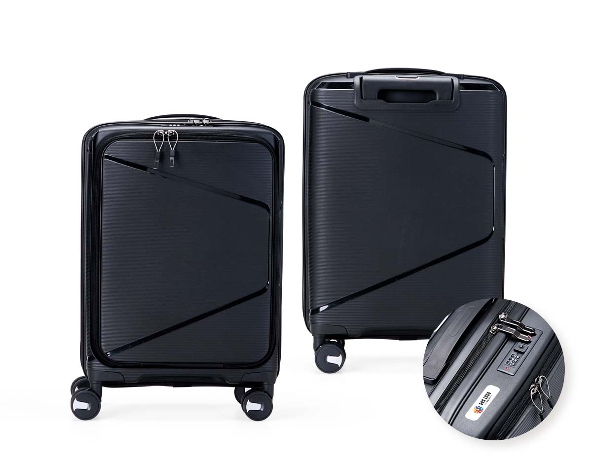 Mala de viagem com capacidade de 36L, fabricada em plástico PP resistente. Conta com compartimento frontal para notebook de até 15,6", bolsos internos com zíper e cinta compressora. Possui puxador ergonômico ajustável, alça de mão, cadeado TSA e 4 rodas silenciosas com giro 360° para facilitar a locomoção.
