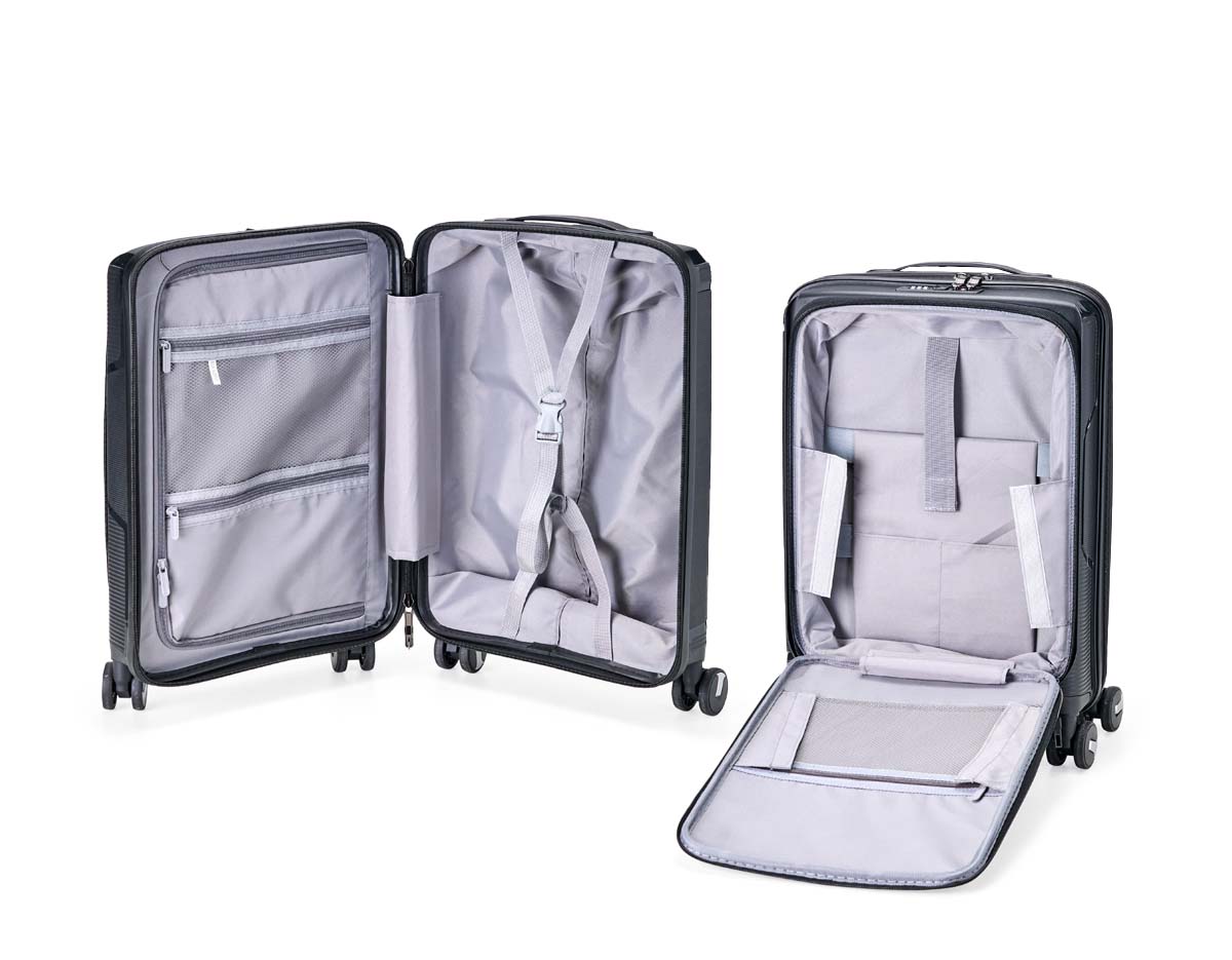 Mala de viagem com capacidade de 36L, fabricada em plástico PP resistente. Conta com compartimento frontal para notebook de até 15,6", bolsos internos com zíper e cinta compressora. Possui puxador ergonômico ajustável, alça de mão, cadeado TSA e 4 rodas silenciosas com giro 360° para facilitar a locomoção.