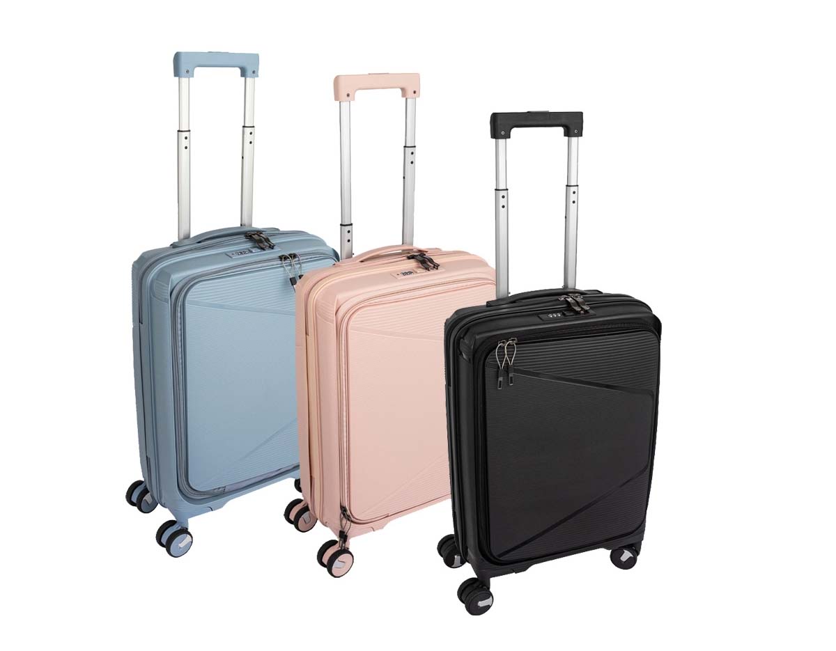 Mala de viagem com capacidade de 36L, fabricada em plástico PP resistente. Conta com compartimento frontal para notebook de até 15,6", bolsos internos com zíper e cinta compressora. Possui puxador ergonômico ajustável, alça de mão, cadeado TSA e 4 rodas silenciosas com giro 360° para facilitar a locomoção.