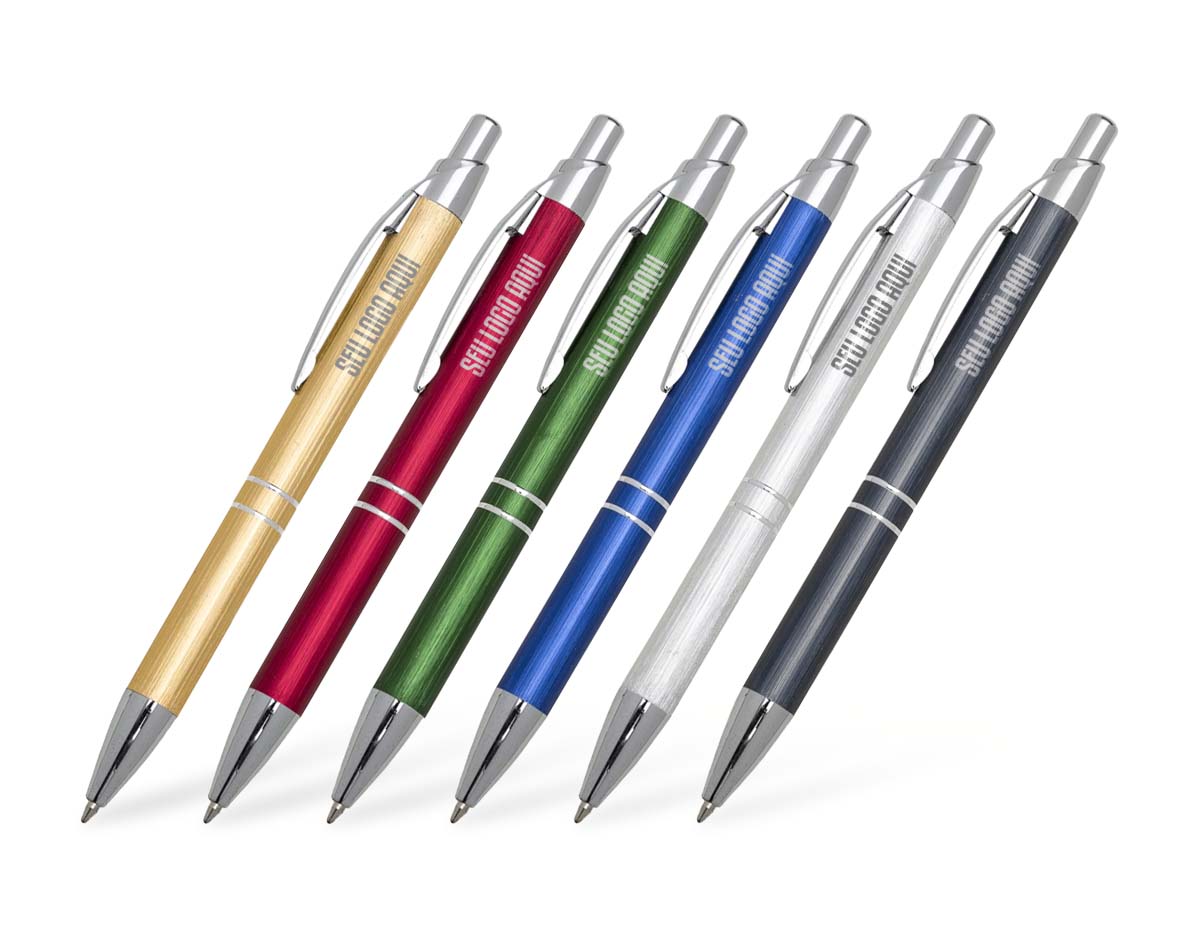 Caneta metálica com acabamento sofisticado, escrita esferográfica azul e acionamento prático por clique. Ideal para uso corporativo, brindes personalizados ou o dia a dia com estilo e funcionalidade.