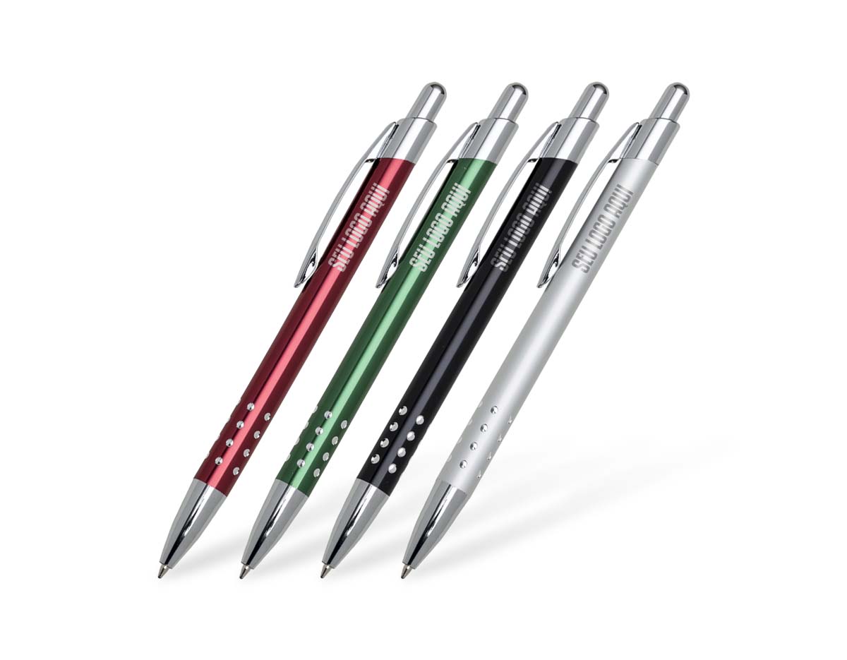 Caneta metálica com acabamento refinado e detalhes em cristal que conferem um toque de sofisticação. Possui carga esferográfica azul e acionamento por clique, unindo elegância e praticidade em um único acessório. Ideal para brindes corporativos ou uso pessoal com estilo.