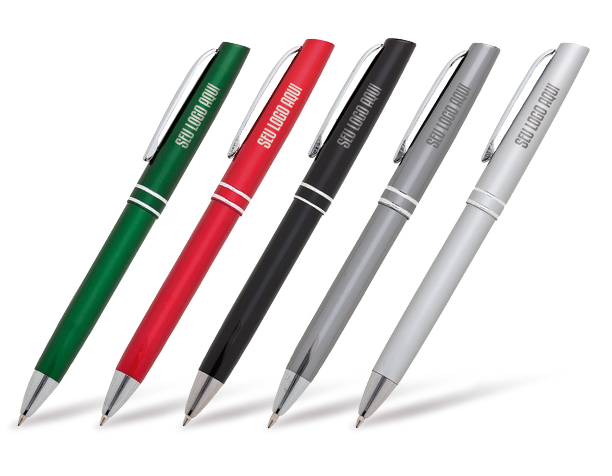 Caneta semimetálica com corpo leve e resistente, escrita esferográfica azul suave e acionamento por clique. Ideal para o dia a dia ou brindes personalizados.