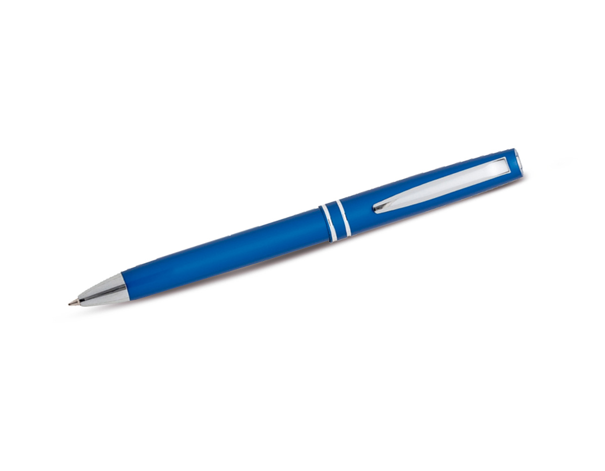 Caneta semimetálica com corpo leve e resistente, escrita esferográfica azul suave e acionamento por clique. Ideal para o dia a dia ou brindes personalizados.