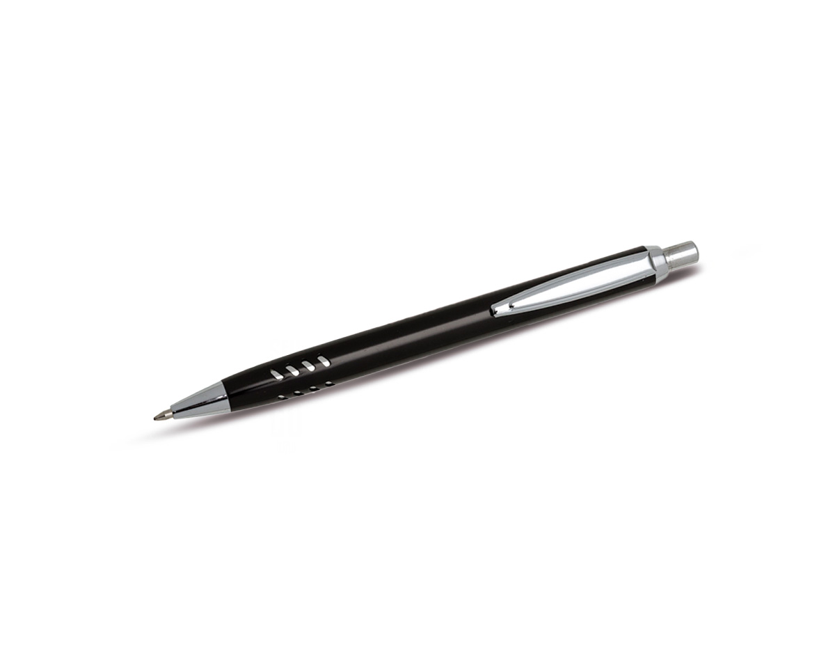 Caneta fabricada em metal, equipada com carga esferográfica na cor azul. Seu mecanismo de acionamento é feito por clique, proporcionando praticidade no uso.