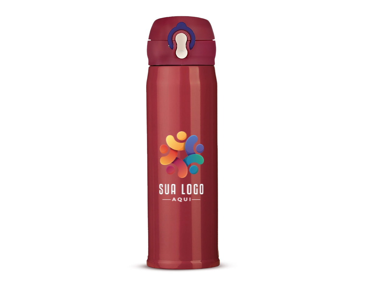 Garrafa térmica feita em inox com parede dupla, capacidade de 400ml. Tampa com trava de segurança e botão de acionamento. OBS.: CONSULTE A VARIAÇÃO DE CORES ATRAVÉS DA PALETA DE CORES!