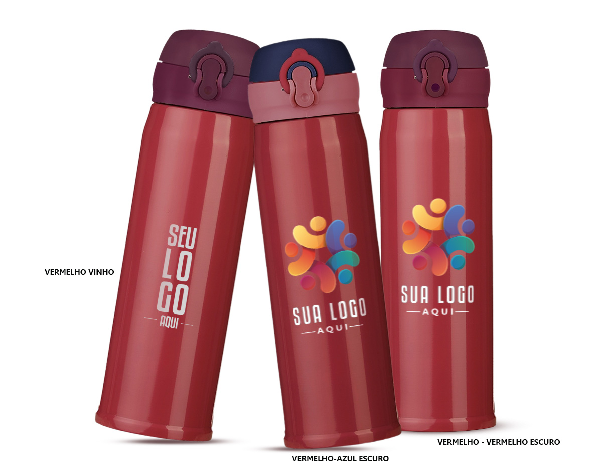 Garrafa térmica feita em inox com parede dupla, capacidade de 400ml. Tampa com trava de segurança e botão de acionamento. OBS.: CONSULTE A VARIAÇÃO DE CORES ATRAVÉS DA PALETA DE CORES!